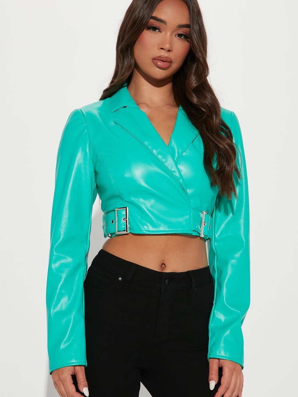 Fashion Nova Cropped Faux Leather Jacket - Teal Green